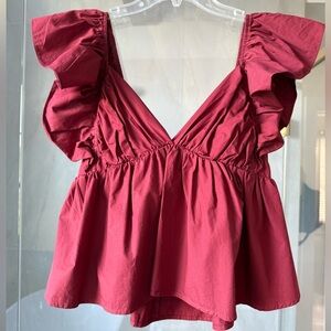Chic Ruffle Sleeve V-Neck Blouse in Burgundy